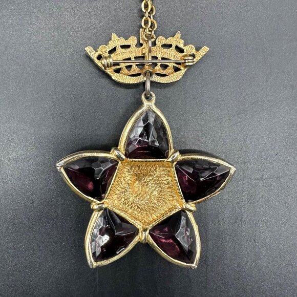 Vintage Amethyst Gripoix Glass Star Coin Brooch Pendant Necklace Julius Caesar - Picture 5 of 12